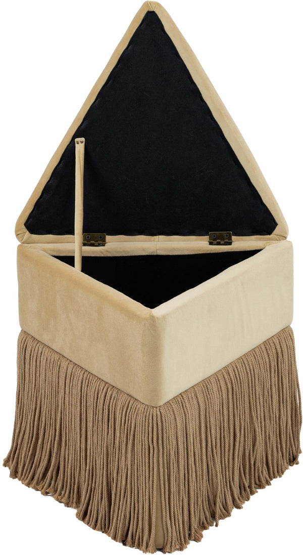Meridian Furniture Trivoli Velvet Triangular Storage Ottoman with Fringe Skirt Sculptural Accent Stool for Glam Rooms Camel 110Camel