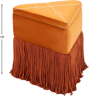 Meridian Furniture Trivoli Velvet Triangular Storage Ottoman with Fringe Skirt Sculptural Accent Stool for Glam Rooms Cognac 110Cognac