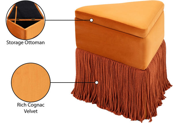 Meridian Furniture Trivoli Velvet Triangular Storage Ottoman with Fringe Skirt Sculptural Accent Stool for Glam Rooms Cognac 110Cognac