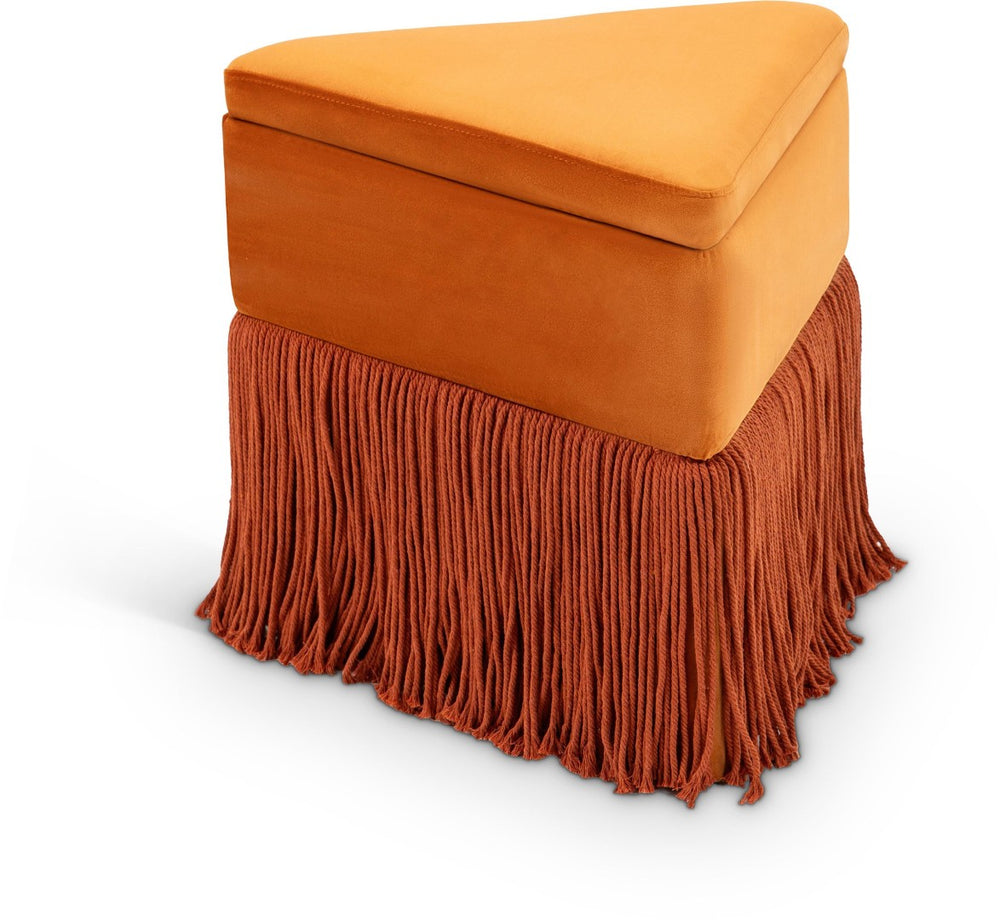 Meridian Furniture Trivoli Velvet Triangular Storage Ottoman with Fringe Skirt Sculptural Accent Stool for Glam Rooms Cognac 110Cognac