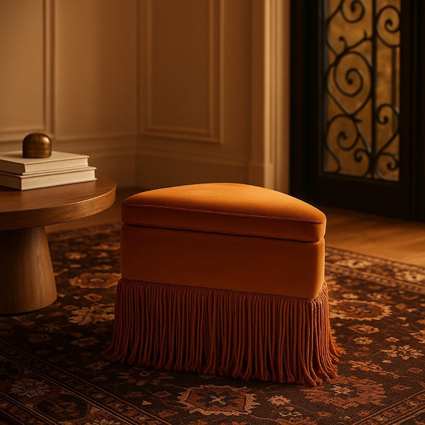 Meridian Furniture Trivoli Velvet Triangular Storage Ottoman with Fringe Skirt Sculptural Accent Stool for Glam Rooms Cognac 110Cognac