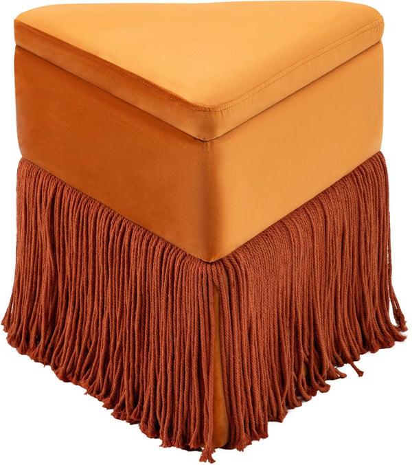 Meridian Furniture Trivoli Velvet Triangular Storage Ottoman with Fringe Skirt Sculptural Accent Stool for Glam Rooms Cognac 110Cognac