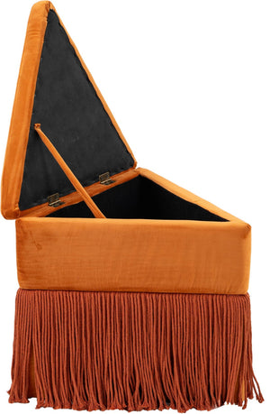 Meridian Furniture Trivoli Velvet Triangular Storage Ottoman with Fringe Skirt Sculptural Accent Stool for Glam Rooms Cognac 110Cognac