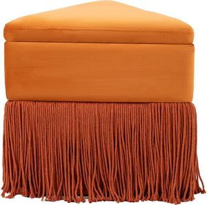 Meridian Furniture Trivoli Velvet Triangular Storage Ottoman with Fringe Skirt Sculptural Accent Stool for Glam Rooms Cognac 110Cognac
