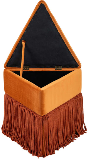 Meridian Furniture Trivoli Velvet Triangular Storage Ottoman with Fringe Skirt Sculptural Accent Stool for Glam Rooms Cognac 110Cognac
