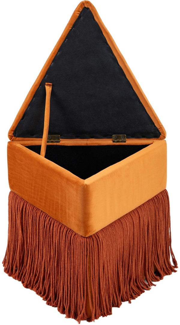 Meridian Furniture Trivoli Velvet Triangular Storage Ottoman with Fringe Skirt Sculptural Accent Stool for Glam Rooms Cognac 110Cognac