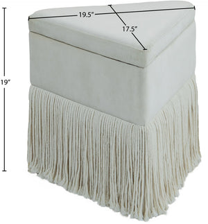 Meridian Furniture Trivoli Velvet Triangular Storage Ottoman with Fringe Skirt Sculptural Accent Stool for Glam Rooms Cream 110Cream