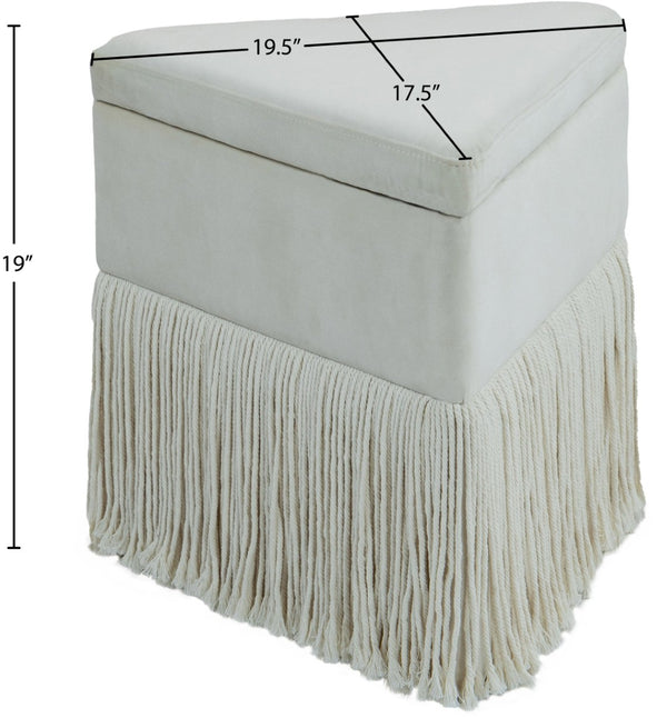 Meridian Furniture Trivoli Velvet Triangular Storage Ottoman with Fringe Skirt Sculptural Accent Stool for Glam Rooms Cream 110Cream