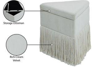 Meridian Furniture Trivoli Velvet Triangular Storage Ottoman with Fringe Skirt Sculptural Accent Stool for Glam Rooms Cream 110Cream