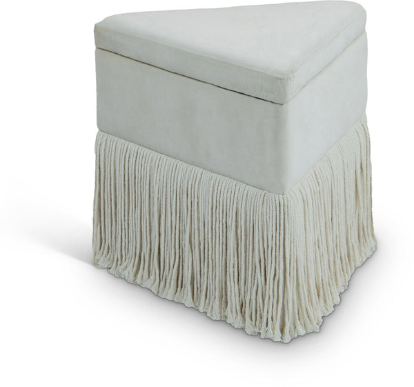 Meridian Furniture Trivoli Velvet Triangular Storage Ottoman with Fringe Skirt Sculptural Accent Stool for Glam Rooms Cream 110Cream