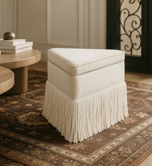 Meridian Furniture Trivoli Velvet Triangular Storage Ottoman with Fringe Skirt Sculptural Accent Stool for Glam Rooms Cream 110Cream
