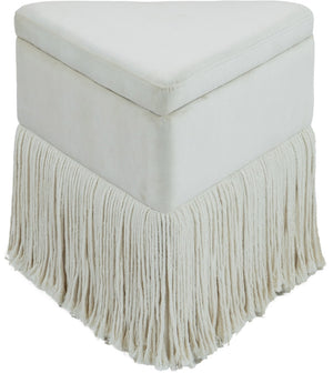 Meridian Furniture Trivoli Velvet Triangular Storage Ottoman with Fringe Skirt Sculptural Accent Stool for Glam Rooms Cream 110Cream