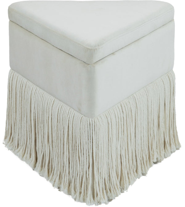 Meridian Furniture Trivoli Velvet Triangular Storage Ottoman with Fringe Skirt Sculptural Accent Stool for Glam Rooms Cream 110Cream