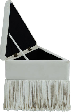 Meridian Furniture Trivoli Velvet Triangular Storage Ottoman with Fringe Skirt Sculptural Accent Stool for Glam Rooms Cream 110Cream