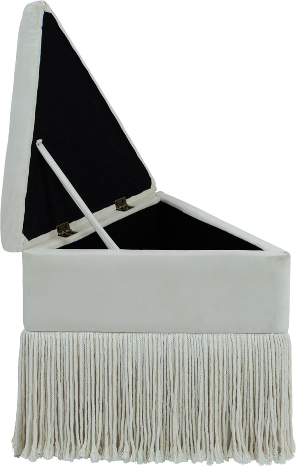 Meridian Furniture Trivoli Velvet Triangular Storage Ottoman with Fringe Skirt Sculptural Accent Stool for Glam Rooms Cream 110Cream