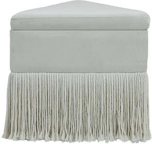 Meridian Furniture Trivoli Velvet Triangular Storage Ottoman with Fringe Skirt Sculptural Accent Stool for Glam Rooms Cream 110Cream