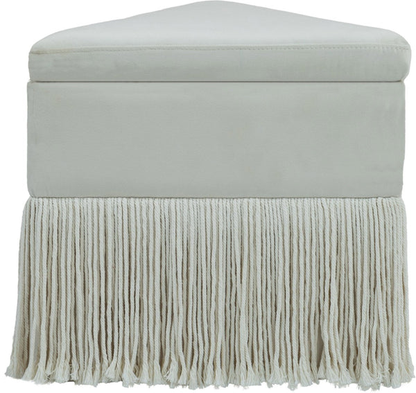 Meridian Furniture Trivoli Velvet Triangular Storage Ottoman with Fringe Skirt Sculptural Accent Stool for Glam Rooms Cream 110Cream