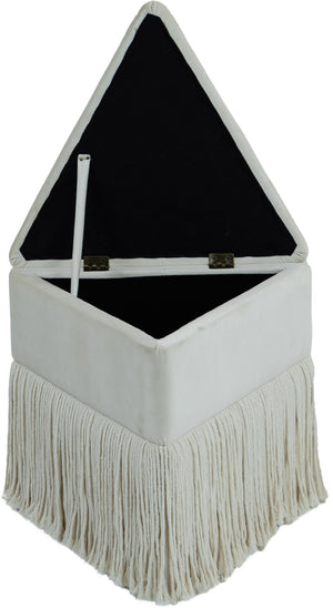 Meridian Furniture Trivoli Velvet Triangular Storage Ottoman with Fringe Skirt Sculptural Accent Stool for Glam Rooms Cream 110Cream