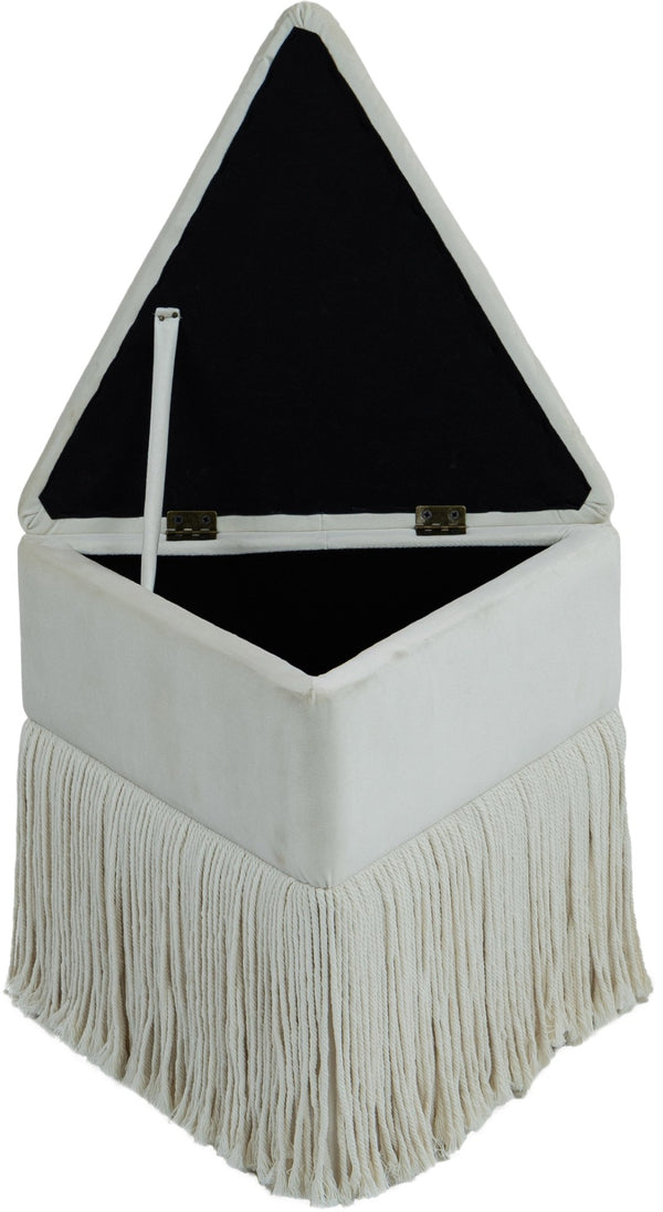 Meridian Furniture Trivoli Velvet Triangular Storage Ottoman with Fringe Skirt Sculptural Accent Stool for Glam Rooms Cream 110Cream