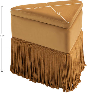 Meridian Furniture Trivoli Velvet Triangular Storage Ottoman with Fringe Skirt Sculptural Accent Stool for Glam Rooms Saddle 110Saddle