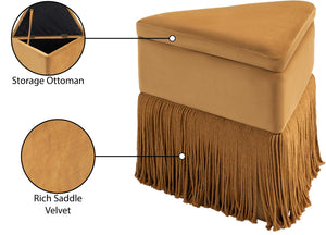 Meridian Furniture Trivoli Velvet Triangular Storage Ottoman with Fringe Skirt Sculptural Accent Stool for Glam Rooms Saddle 110Saddle