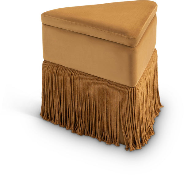 Meridian Furniture Trivoli Velvet Triangular Storage Ottoman with Fringe Skirt Sculptural Accent Stool for Glam Rooms Saddle 110Saddle