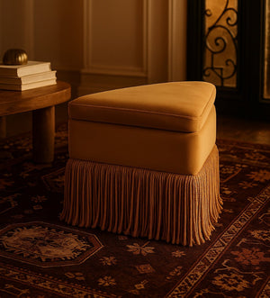 Meridian Furniture Trivoli Velvet Triangular Storage Ottoman with Fringe Skirt Sculptural Accent Stool for Glam Rooms Saddle 110Saddle