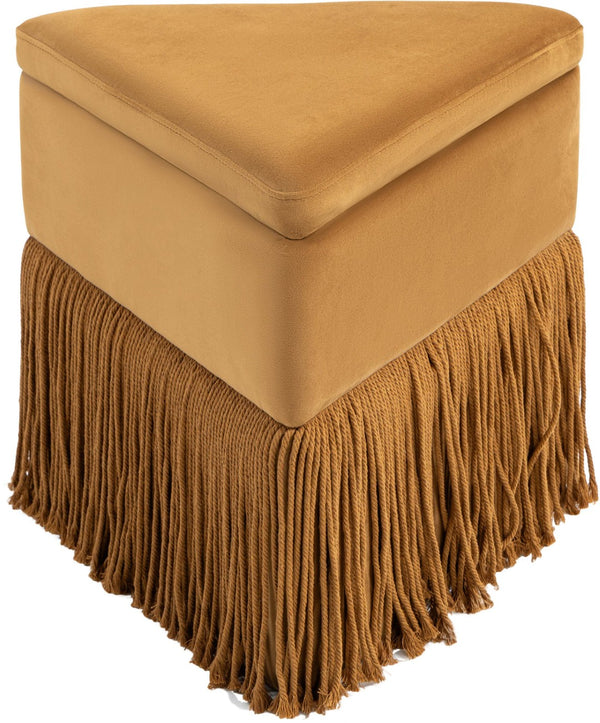 Meridian Furniture Trivoli Velvet Triangular Storage Ottoman with Fringe Skirt Sculptural Accent Stool for Glam Rooms Saddle 110Saddle