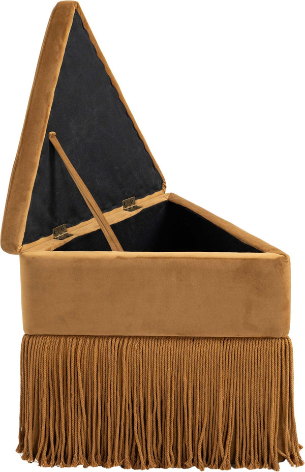 Meridian Furniture Trivoli Velvet Triangular Storage Ottoman with Fringe Skirt Sculptural Accent Stool for Glam Rooms Saddle 110Saddle