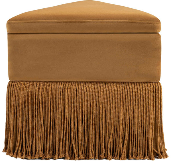 Meridian Furniture Trivoli Velvet Triangular Storage Ottoman with Fringe Skirt Sculptural Accent Stool for Glam Rooms Saddle 110Saddle