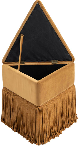 Meridian Furniture Trivoli Velvet Triangular Storage Ottoman with Fringe Skirt Sculptural Accent Stool for Glam Rooms Saddle 110Saddle