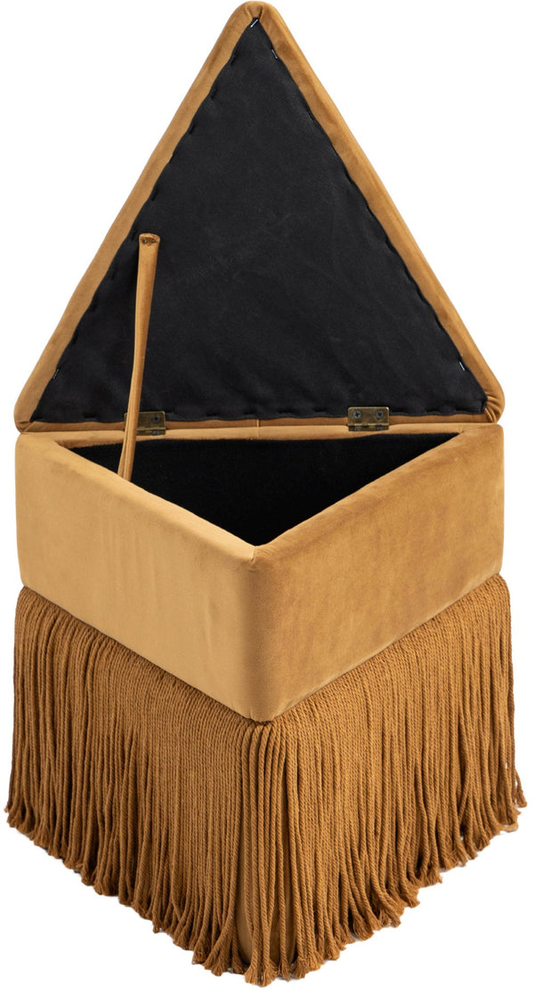 Meridian Furniture Trivoli Velvet Triangular Storage Ottoman with Fringe Skirt Sculptural Accent Stool for Glam Rooms Saddle 110Saddle