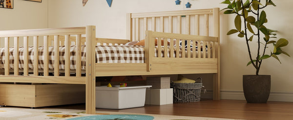 English Elm Twin Pine Platform Bed with Guardrails and Under Storage Drawers for Small Rooms N733P172696M