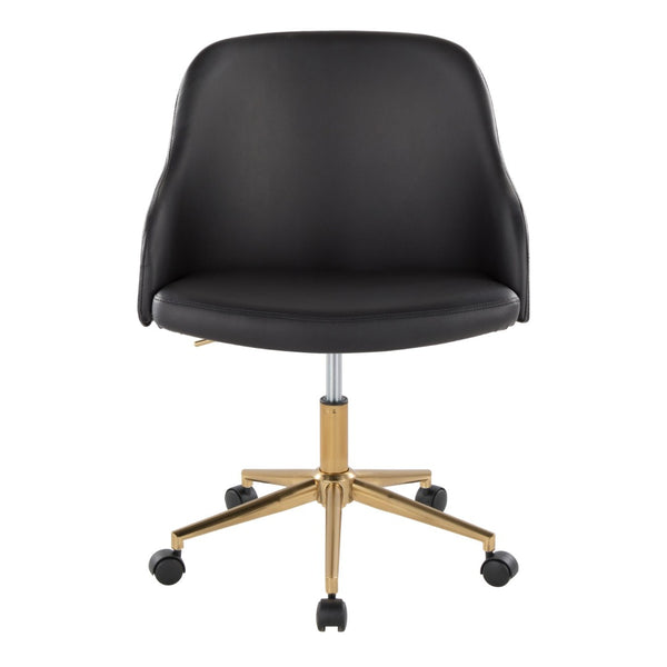 English Elm Office Swivel Chair with Gold Base Walnut Accents and Black Faux Leather Seat B202P474166