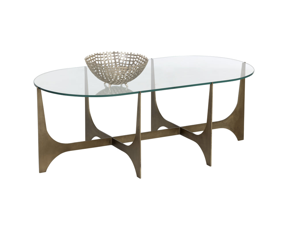Sunpan Juliane Coffee Table - Contemporary Sculpted Base with 10mm Tempered Glass & Antique Brass Finish