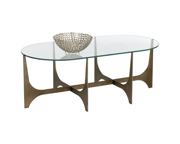Sunpan Juliane Coffee Table - Contemporary Sculpted Base with 10mm Tempered Glass & Antique Brass Finish