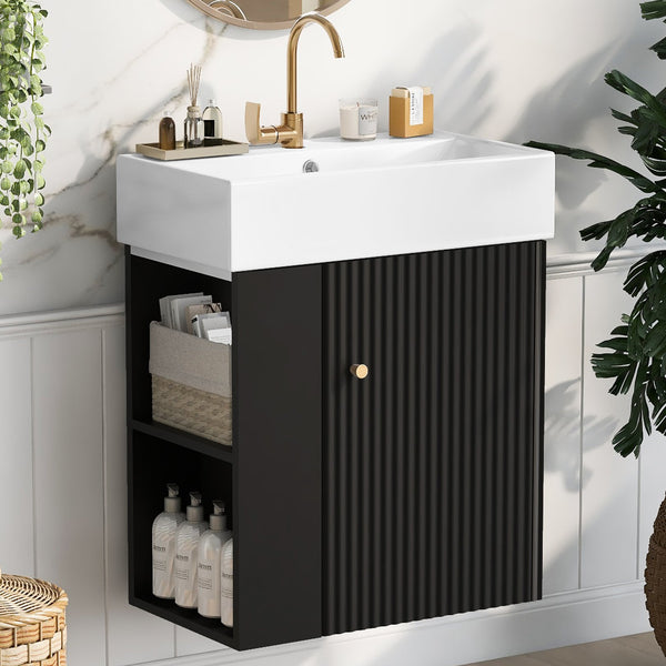 English Elm 21.6 Modern Floating Bathroom Vanity with Ceramic Basin, Wave Door, Rose Gold Handle, Space-Saving Black N729P170390B