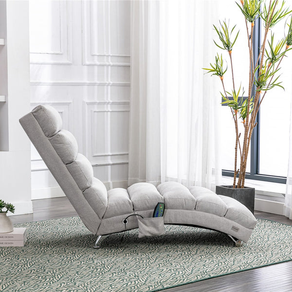 English Elm Linen Ergonomic Massage Chaise Lounge with Remote Control, 140° Recline, Heavy-Duty Frame, 5 Modes LIGHT GREY W39539625
