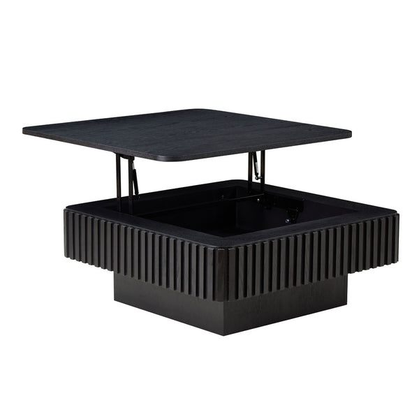 English Elm 35.43 Inch Square Lift Top Coffee Table Wood Veneer Hidden Storage Modern Living Room Black W2582P401472
