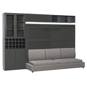 English Elm Queen Murphy Wall Bed Sofa with Open Shelving Usb Charging and Integrated Studio Lighting Gray LP100764AAE