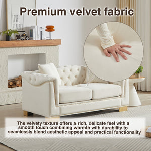 English Elm {video] Chesterfield Two-seater Velvet Sofa with Nailhead Trim and Tufted Gold Leg Luxury Beige W1926S00093