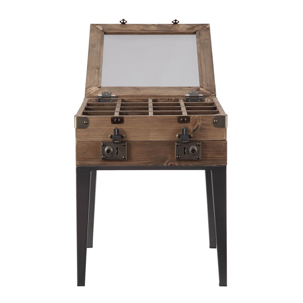 English Elm Rustic Oak Display Side Table with Trunk-Style Glass Top, Matte Gray Accents & Tapered Metal Legs B062P189236
