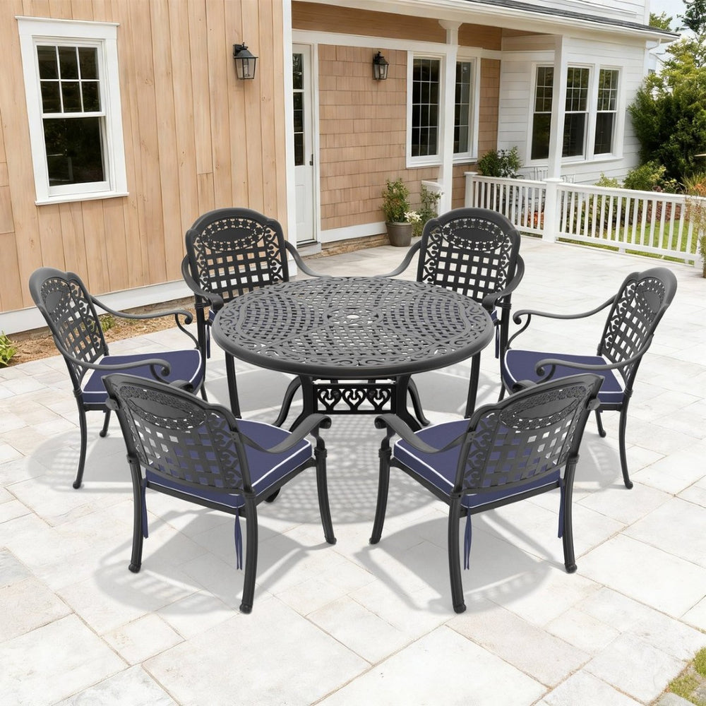 English Elm 7-piece Cast Aluminum Outdoor Dining Set European Garden Style Round Table Seats Six W1710S00633
