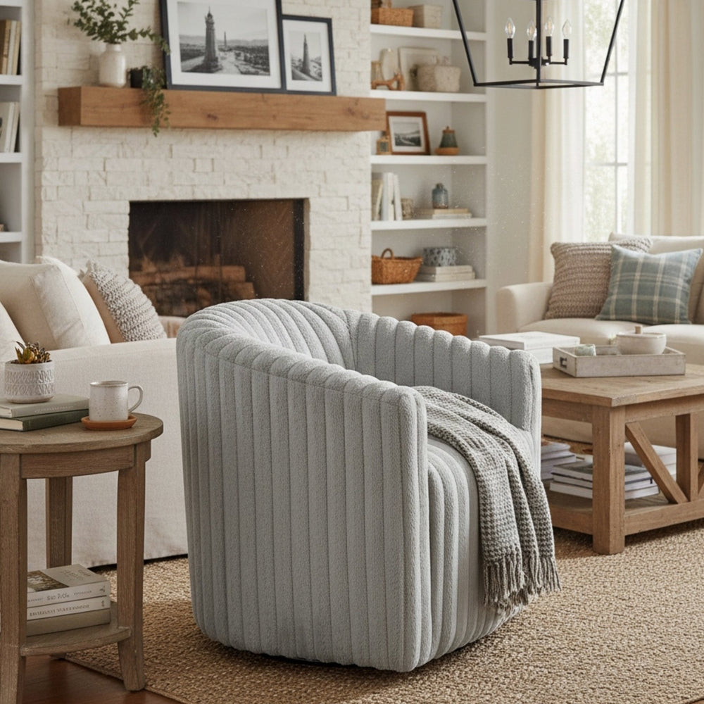 English Elm Alexa Ultra Plush Swivel Barrel Chair in Grey Wide Wale Cord-Like Fabric, Coil Spring Comfort, No Assembly Needed B050P390588