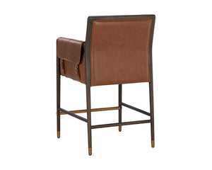 Sunpan Mauti Counter Stool - Vintage Mid-Century Design in Shalimar Tobacco Leather with Oak Frame & Gold Caps