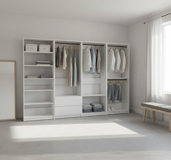 English Elm Prosper White Freestanding Walk-In Wood Closet System with Oak Finish, Ample Modular Storage & Easy Assembly B040S00147