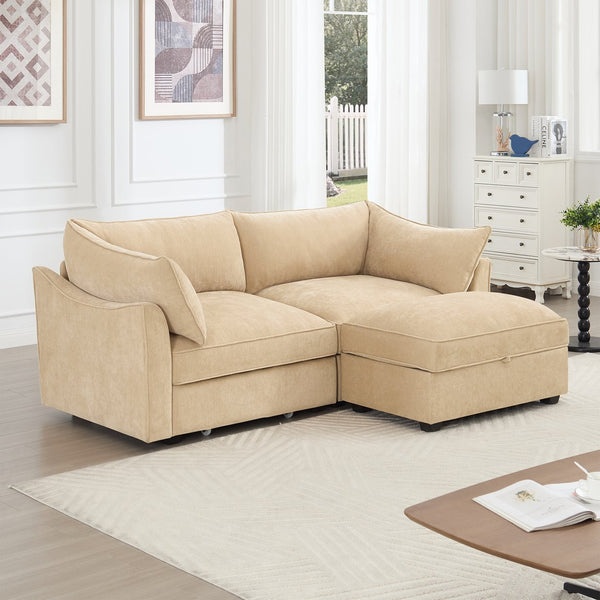 English Elm 2-Seater Chenille Sofa With Movable Storage Footstool - Cozy Wheat Upholstery & Elegant Design W3041S00173