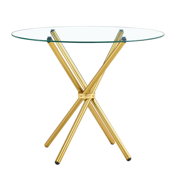 English Elm A Round Tempered Glass Dining Table with Sculptural Black Metal Legs for Modern Spaces W1151P411358