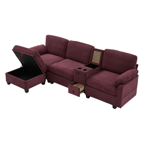 English Elm United L-Shaped Multifunctional Corduroy Sofa: 4-Seater With Usb Ports, Cup Holders & Storage Solutions W1568S00220-GIGA