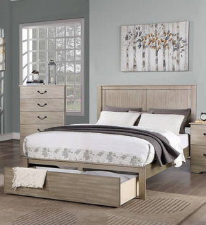 English Elm Rustic California King Panel Bed with Footboard Drawer and Antique Silver Hardware B011S02097